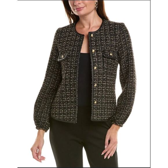 Nanette Lepore Black Gold Tweed Jacket Faux Leather Trim Buttons Sz 8 Career - Picture 1 of 11